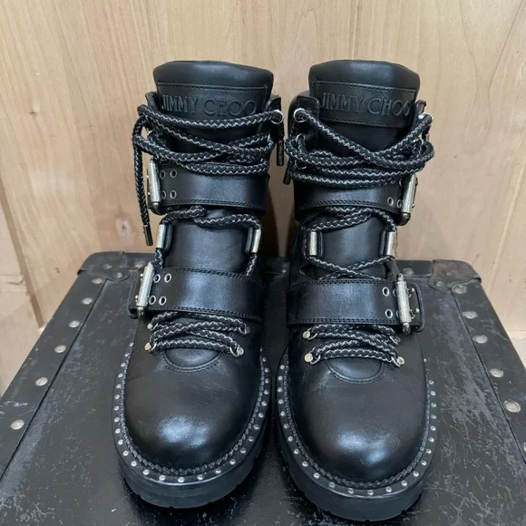 Jimmy Choo Calfskin Breeze Biker Combat Boots Sz 37.5 Black Moto Buckle Studded - Picture 4 of 16
